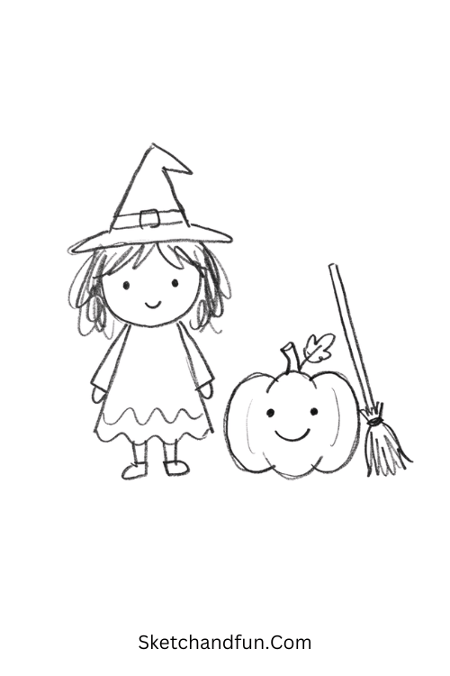 Witch Pumpkin Friend Drawing with a cute pumpkin and nearby broom