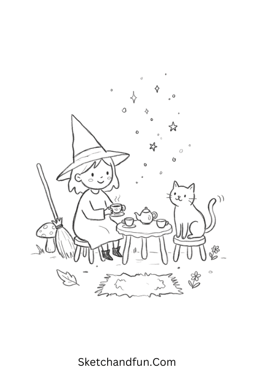 Witch Tea Party Drawing with a cat, teacup, and magical sparkles
