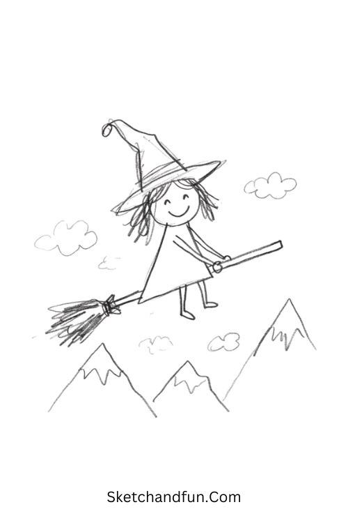 Witch on a Broom Drawing with a pointed hat and floating stars