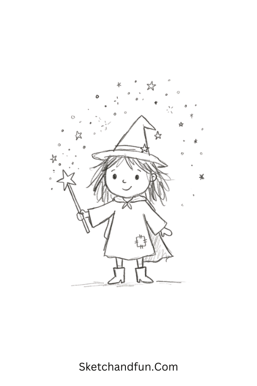 Witch with Magic Wand Drawing surrounded by stars and magical sparkles