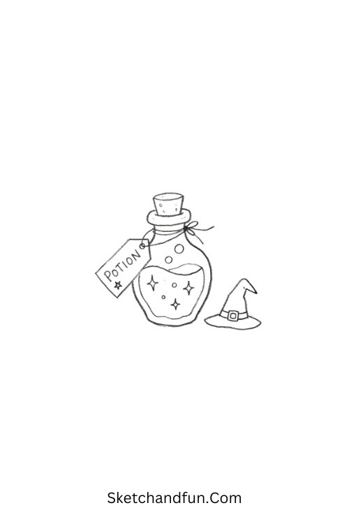 Witchy Potion Bottle Drawing with a magical label and floating stars