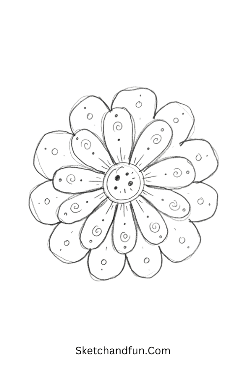 Zen flower mandala doodle with simple patterned petals