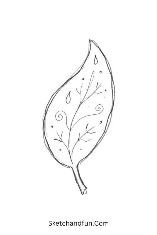 Zen leaf doodle with swirls, dots, and curved patterns