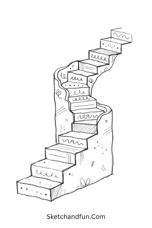 Zentangle 3D staircase with geometric blocks decorated with detailed black and white tangle patterns