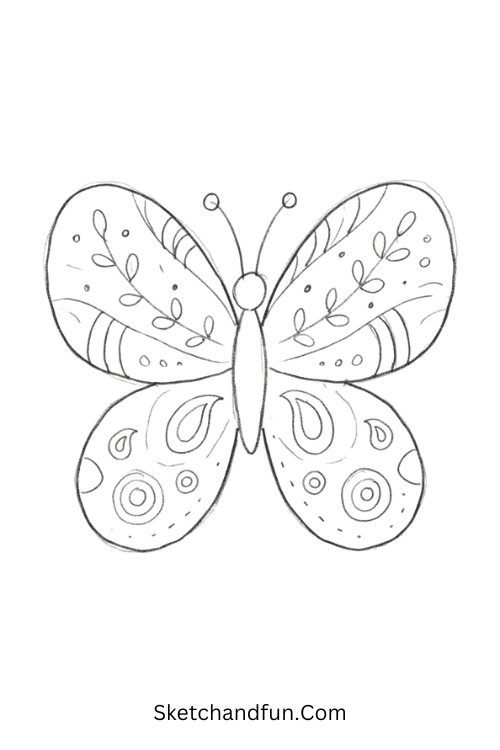 Zentangle butterfly animal art with symmetrical wings, paisleys, flowers, spirals, and curved patterns