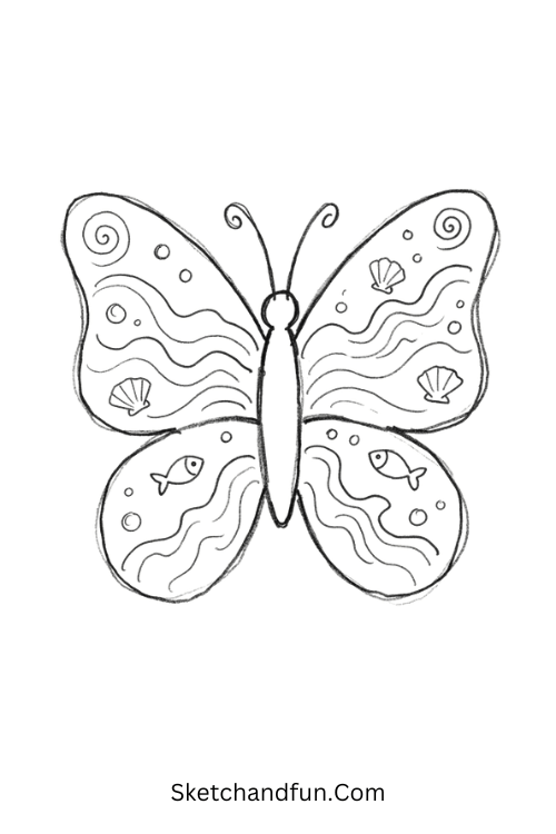 Ocean-inspired Zentangle butterfly with waves, shells, bubbles, spirals, and flowing wing patterns