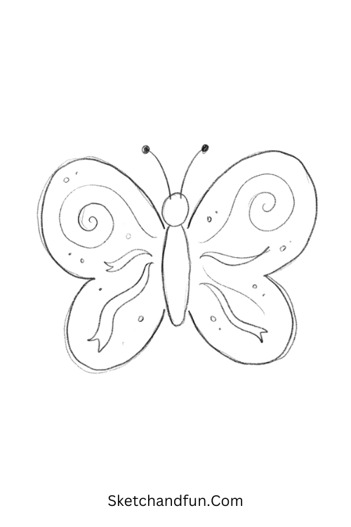 Zentangle butterfly with swirl wings and flowing spiral patterns for a detailed sketchbook drawing