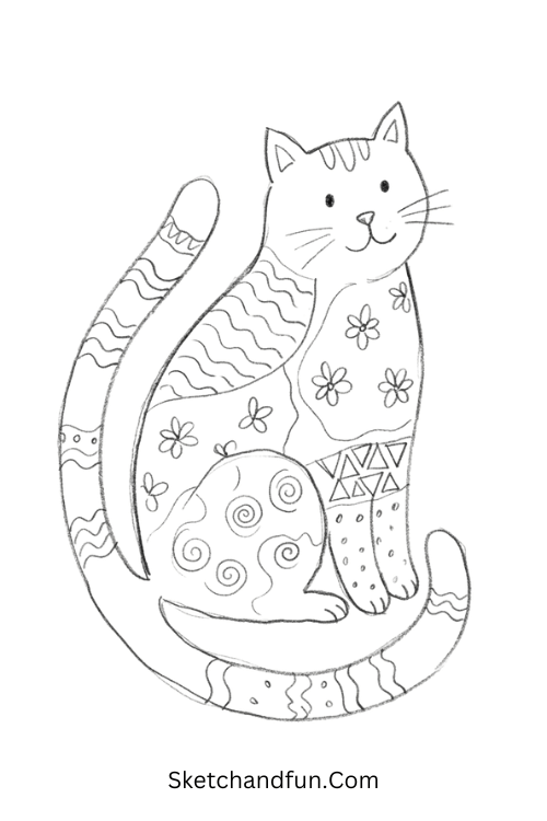 Zentangle cat drawing with patterned body, flowing tail, flowers, spirals, and geometric details