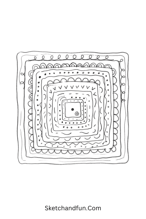 Zentangle concentric squares filled with layered geometric patterns, dots, curves, stripes, and spirals