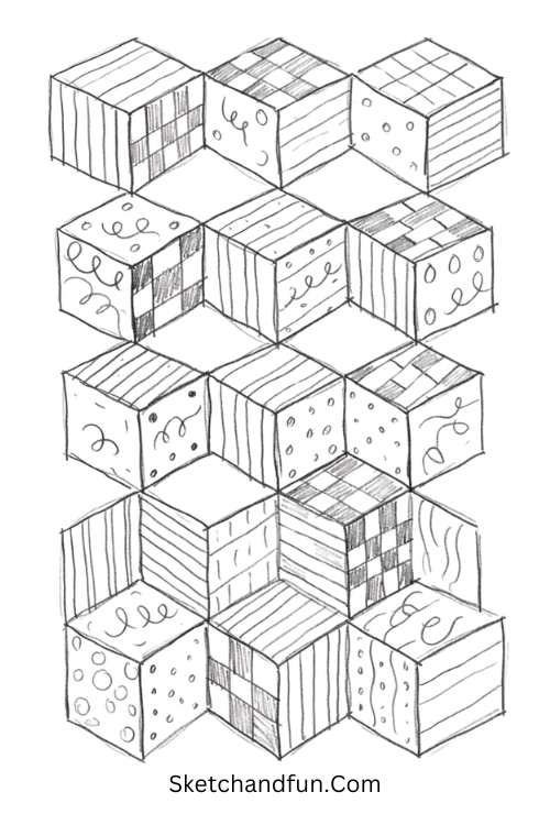 Zentangle cube illusion with interconnected 3D cubes filled with stripes, dots, and checkerboard patterns