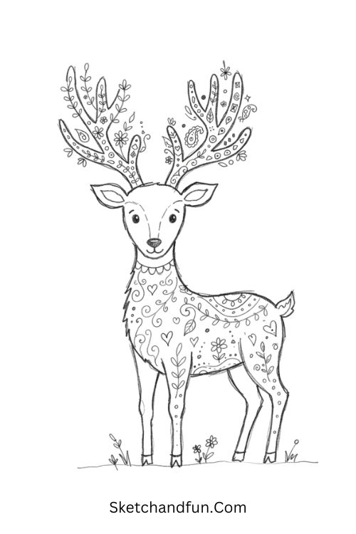 Zentangle deer drawing with intricate antlers, botanical patterns, leaves, curls, dots, and floral details