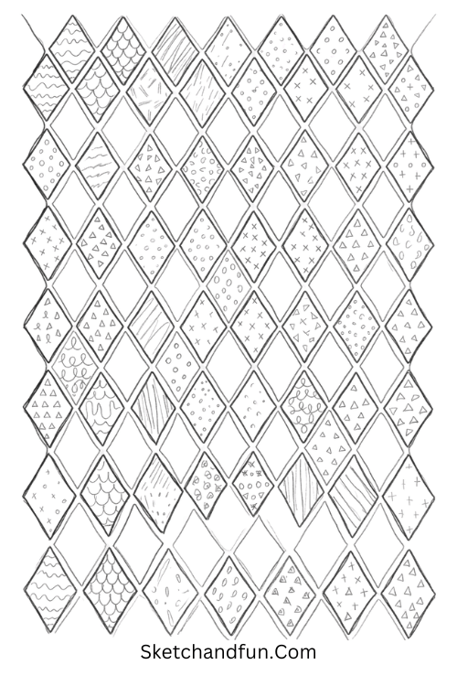 Zentangle diamond grid filled with repeating waves, scales, dots, stripes, and intricate geometric patterns