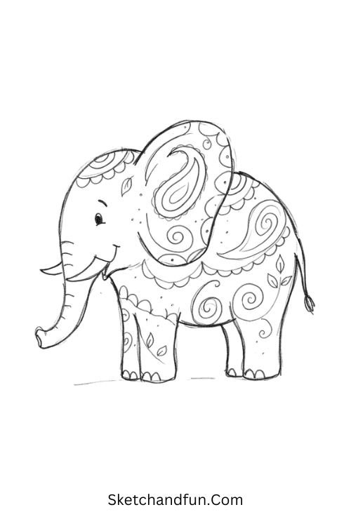 Zentangle elephant drawing with intricate paisleys, spirals, leaves, scallops, and dots