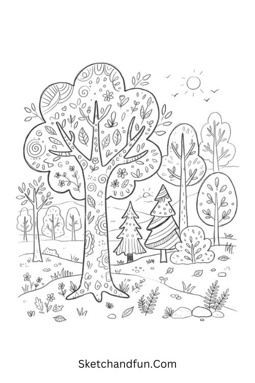Zentangle forest scene with a detailed foreground tree and patterned woodland elements
