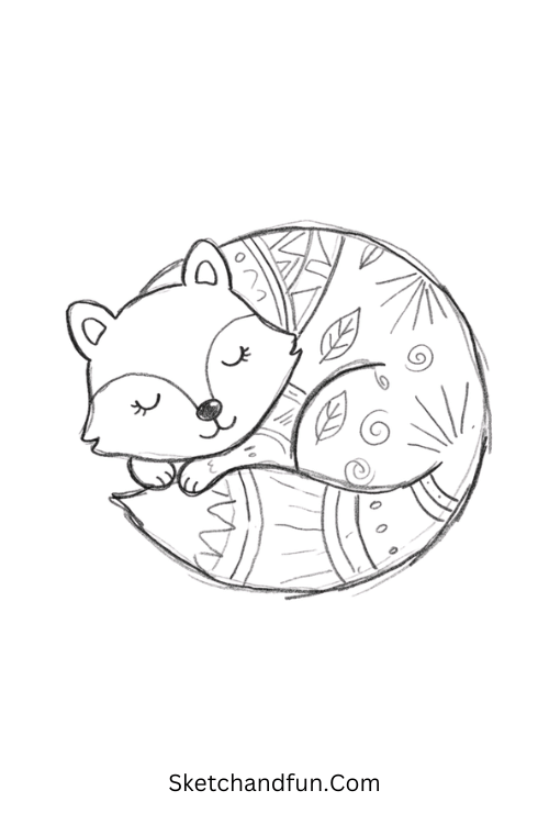 Zentangle fox drawing filled with flowing waves, paisleys, leaves, and geometric patterns