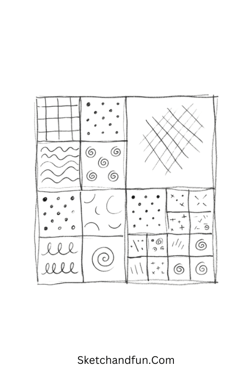 Zentangle fractal squares with nested geometric sections filled with grids, dots, waves, and tiny spirals