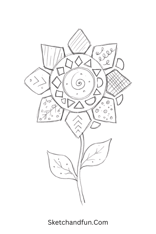 Zentangle geometric flower made from diamonds, triangles, squares, and detailed abstract patterns