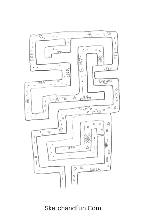 Zentangle geometric labyrinth with winding paths, sharp corners, borders, and intricate abstract patterns