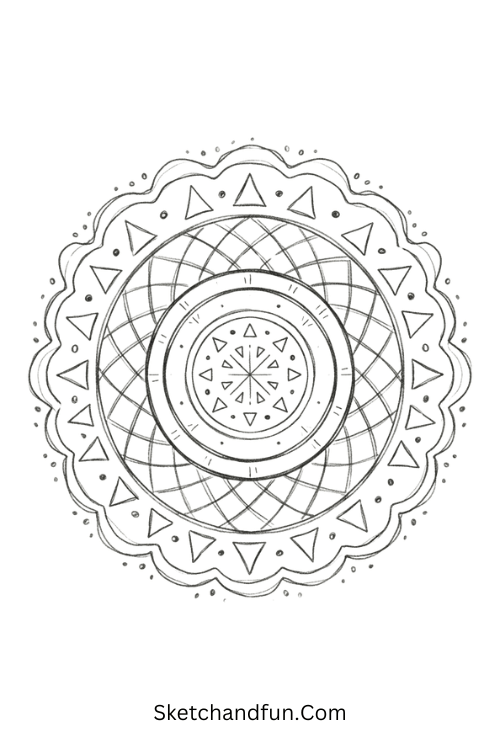 Zentangle geometric mandala with intricate repeating triangles, dots, curves, and layered circular patterns
