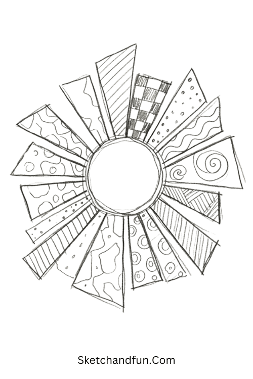Zentangle geometric sunburst with a central circle and patterned triangular rays filled with dots and stripes