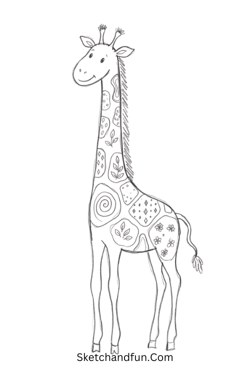 Zentangle giraffe drawing with patterned spots filled with spirals, diamonds, leaves, dots, and curved lines