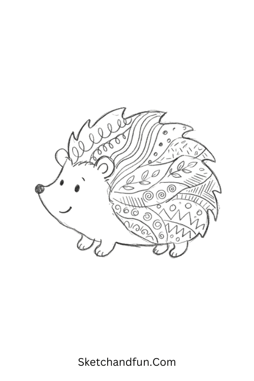 Zentangle hedgehog drawing with detailed quills filled with loops, stripes, leaves, dots, and spirals