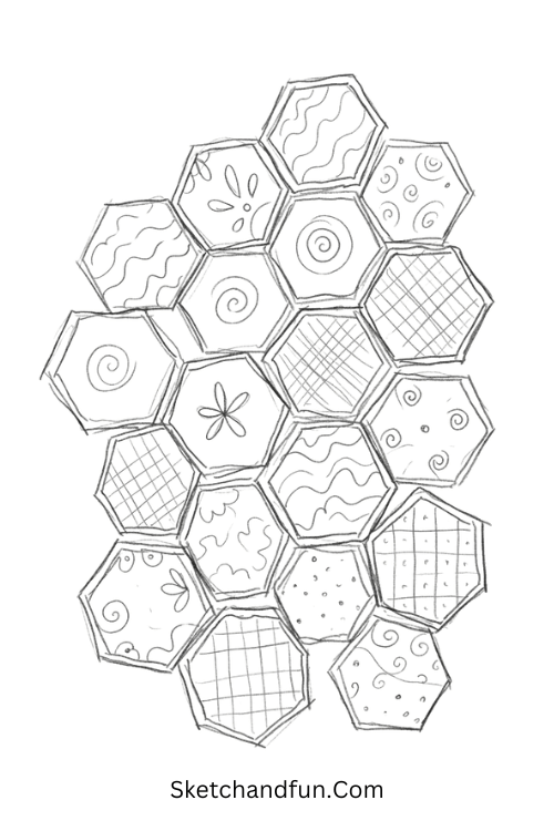 Zentangle hexagon mosaic featuring connected hexagons filled with spirals, waves, dots, and geometric patterns