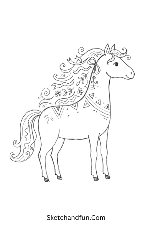 Zentangle horse drawing with flowing mane patterns, ribbons, waves, spirals, and botanical motifs