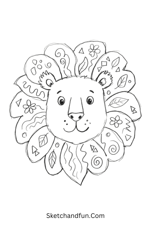 Zentangle lion drawing with a detailed mane filled with curls, waves, leaves, flowers, and geometric patterns