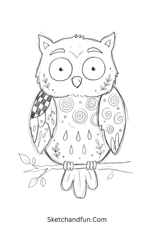 Zentangle owl drawing with detailed feathers, circles, teardrops, spirals, and geometric motifs