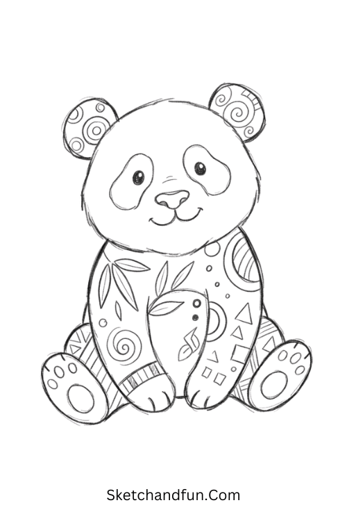 Zentangle panda drawing with intricate bamboo leaves, circles, swirls, and geometric body patterns