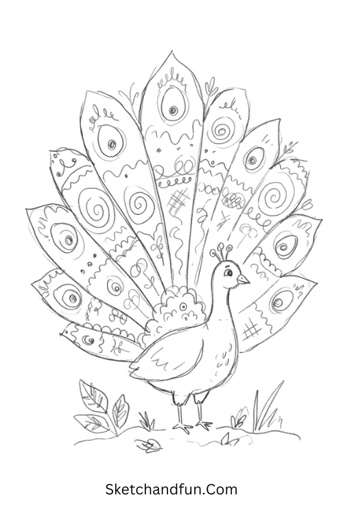 Zentangle peacock drawing with intricate patterned feathers, layered eyes, spirals, dots, and scallops
