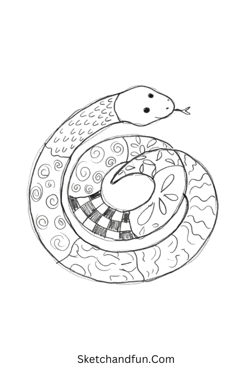 Zentangle snake drawing with a coiled body filled with scales, spirals, checkerboards, flowers, and waves