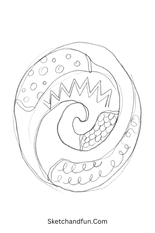 Zentangle spiral geometry with flowing spirals surrounded by geometric lines, dots, loops, and repeating patterns
