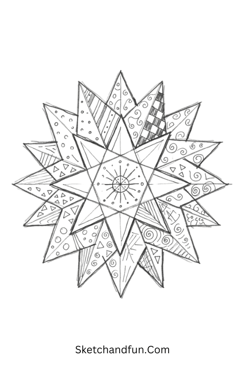 Zentangle starburst geometry with overlapping triangles filled with dots, stripes, curls, and geometric details