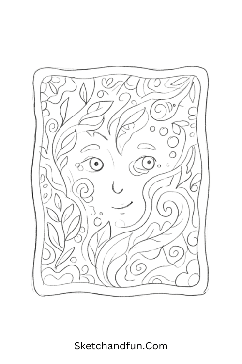 Hidden face Zentangle tile with flowing abstract patterns forming a subtle human face through lines and negative space