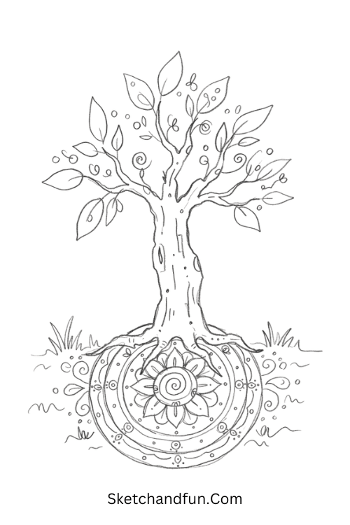 Zentangle tree growing from a detailed mandala with intricate roots and patterns