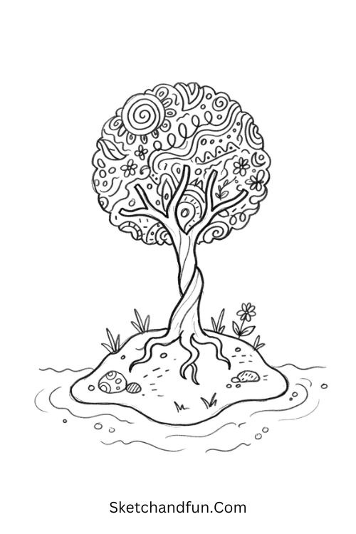 Zentangle tree growing on a tiny island surrounded by water and decorative plants