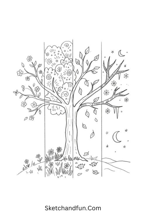 Zentangle tree showing spring, summer, autumn, and winter through intricate patterns
