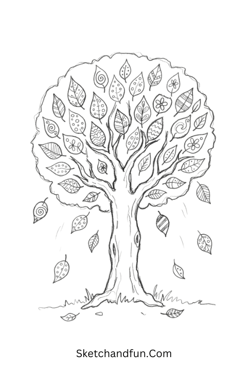 Zentangle tree with patterned leaves falling around a detailed nature scene