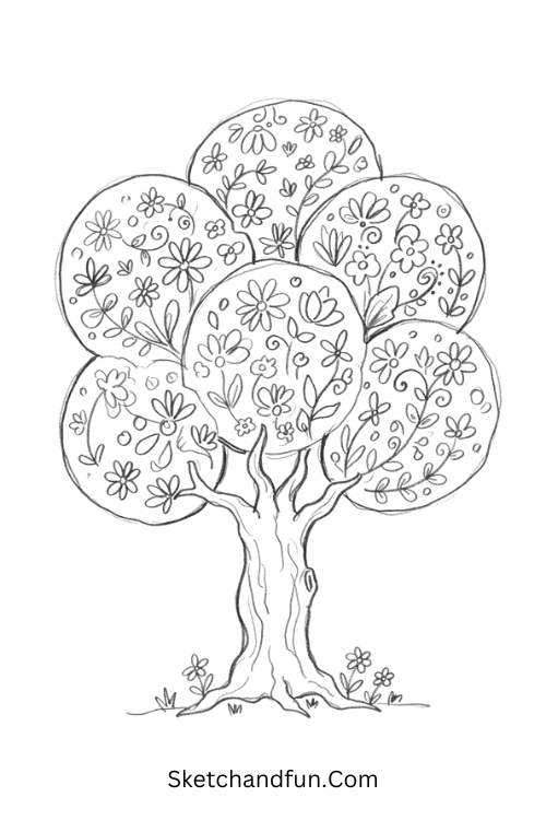 Zentangle tree with a floral canopy filled with flowers, vines, leaves, and patterns