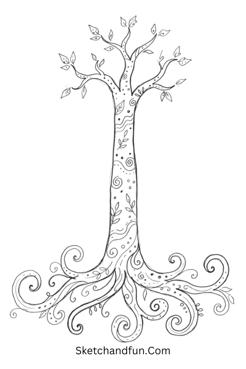 Zentangle tree with flowing roots and intricate patterns for nature-inspired art