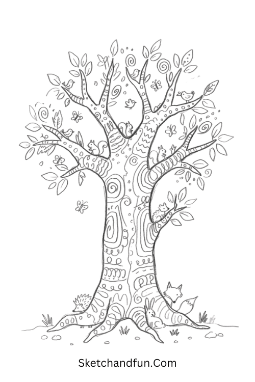 Zentangle tree with hidden woodland animals among patterned branches and roots