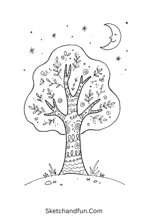 Zentangle tree beneath a crescent moon with stars and detailed patterned branches