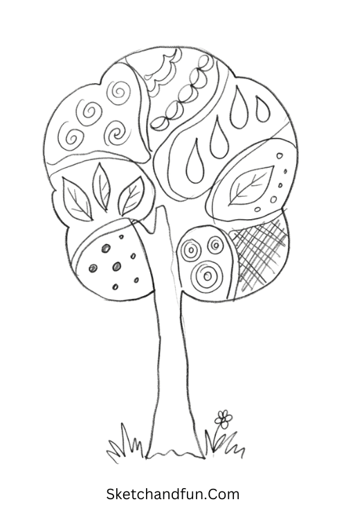 Zentangle tree with a patterned canopy filled with organic repeating designs