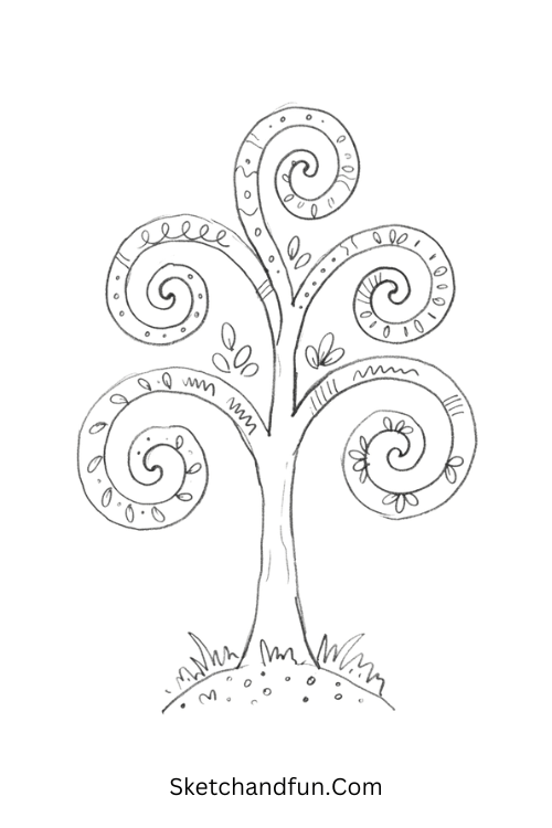Zentangle tree with flowing spiral branches filled with detailed Zentangle patterns