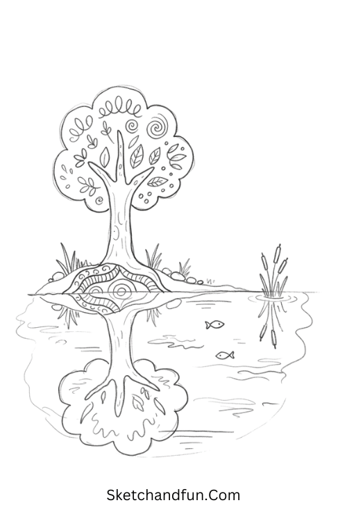Zentangle tree beside a pond with detailed water reflections and patterned roots