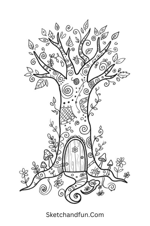 Zentangle tree with a tiny door in the trunk, vines, mushrooms, and intricate patterns
