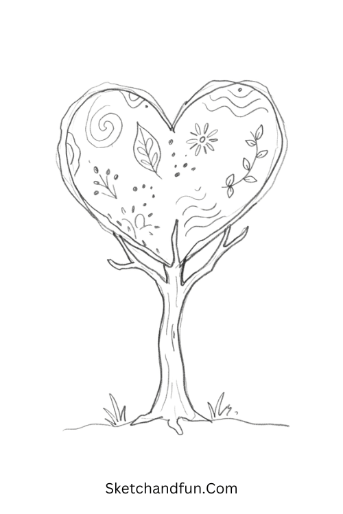 Zentangle tree with a heart-shaped canopy filled with leaves, flowers, and patterns