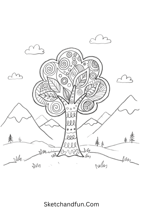 Zentangle tree in a mountain landscape with intricate branches and canopy patterns